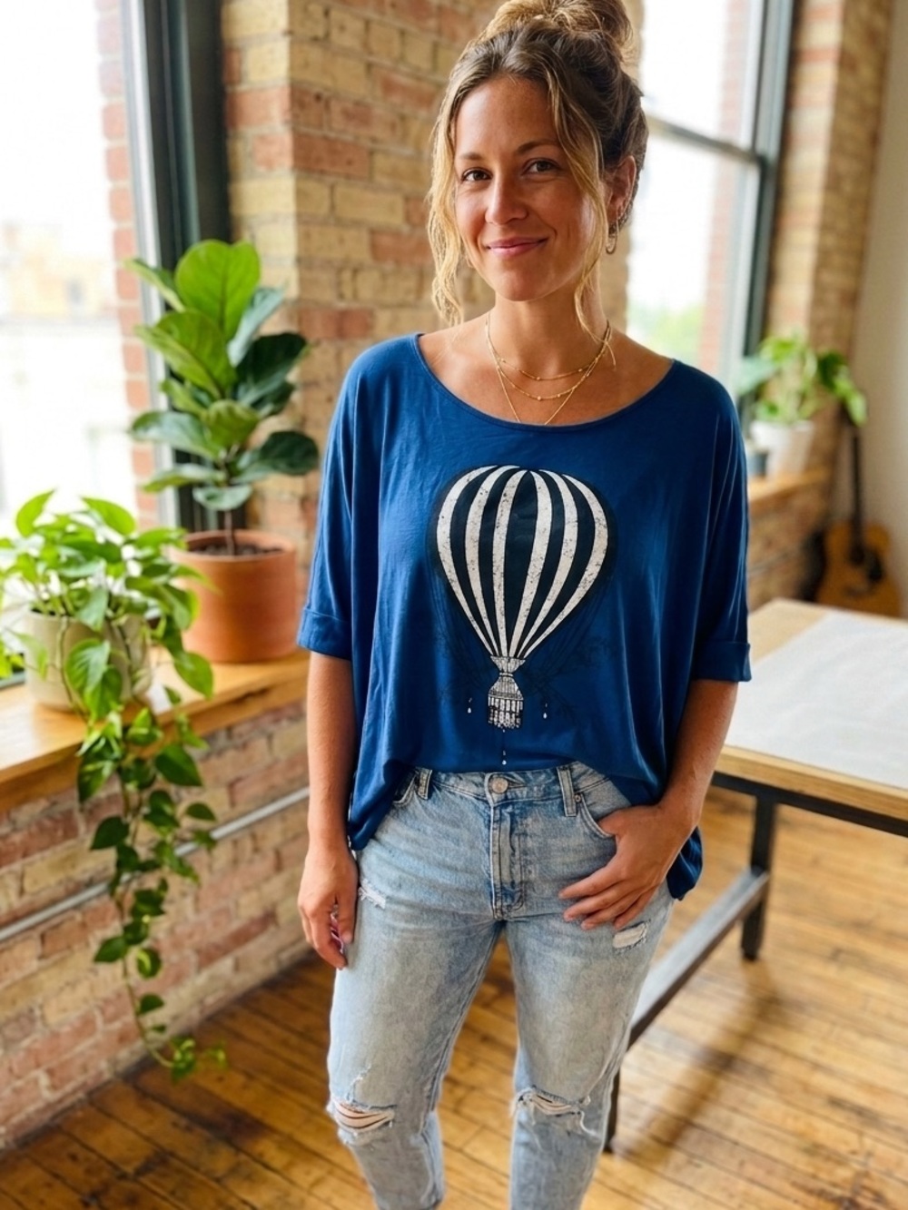 Mezzanine Navy Blue Hot Air Balloon Graphic Top XL Boho Whimsical ModCloth